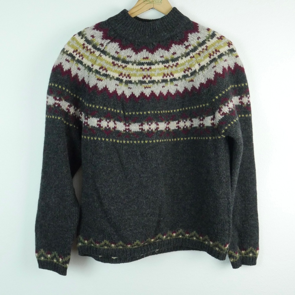 Vintage 100% Wool Fair Isle Sweater Heavy Nordic Knit Mock Neck Womens Large 90s
